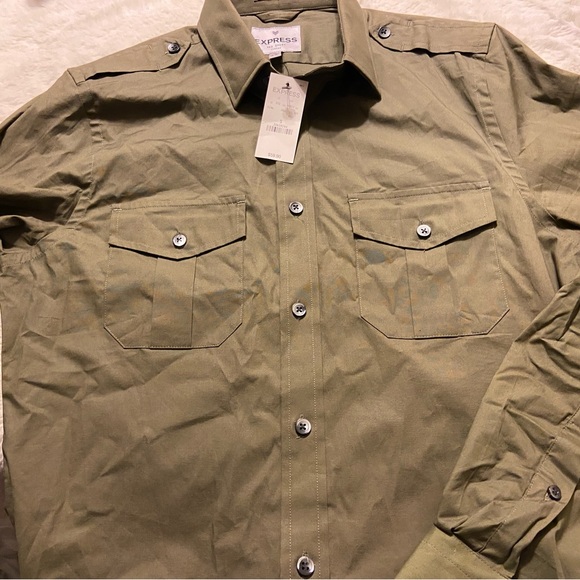 NWT! EXPRESS fitted MK2 olive button up shirt Small 14-14.5” stretch cotton - Picture 11 of 11